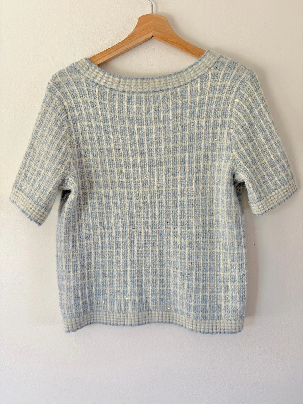 Talbots Blue Plaid SequiTalbots Light Blue & Cream Textured Short Sleeve Sweater
